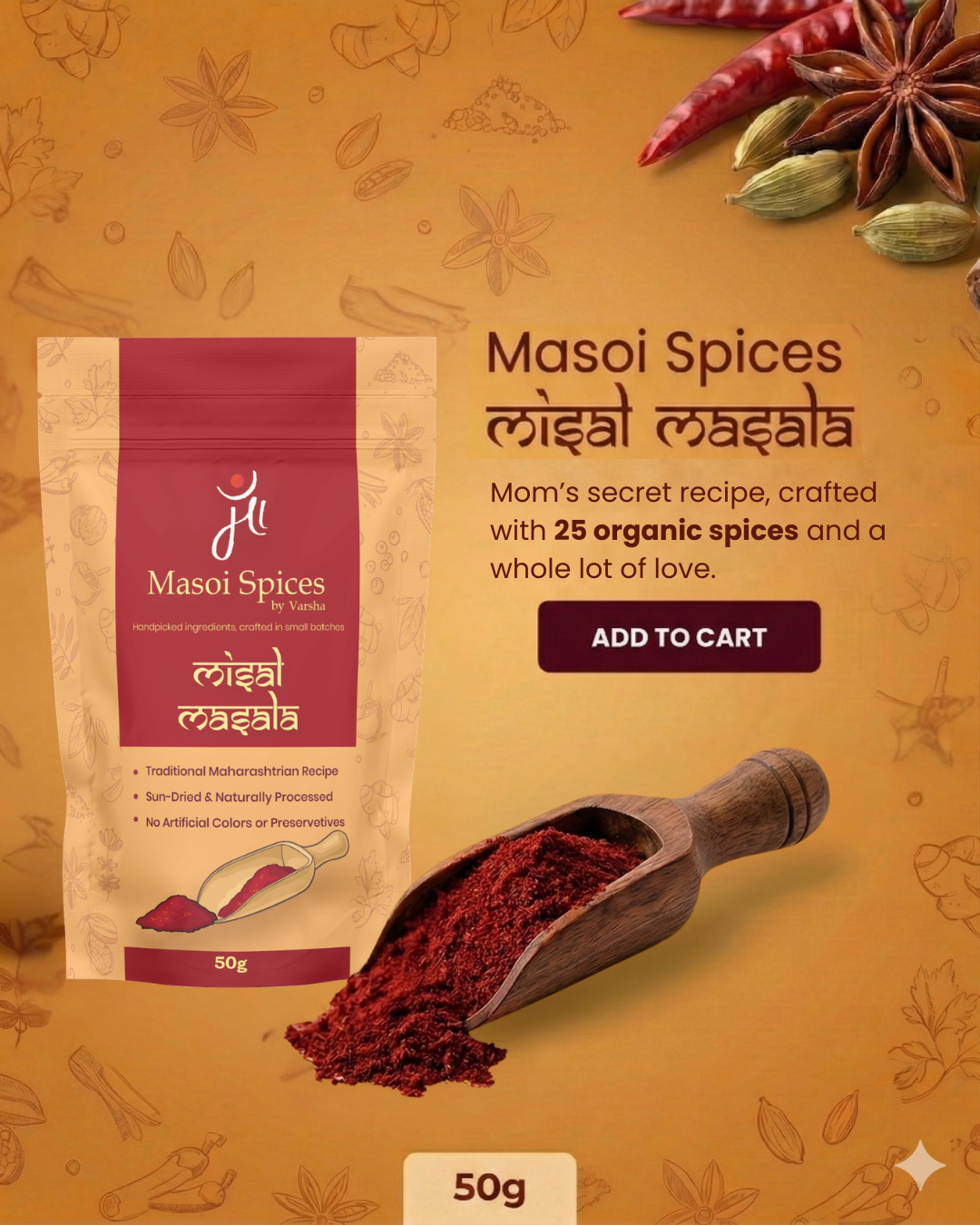 Masoi Maharashtrian Spice Combo | Kolhapuri, Malvani & Misal Masala | 3*50 g Masala Pack